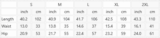 LongFlight Signature Pants size chart, length, waist and hip measurements in inches and centimetres